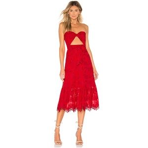 Red Strapless Lace Midi Dress